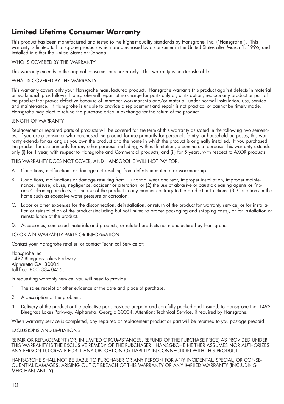Limited lifetime consumer warranty | Factory Direct Hardware Hansgrohe 34315 User Manual | Page 10 / 12