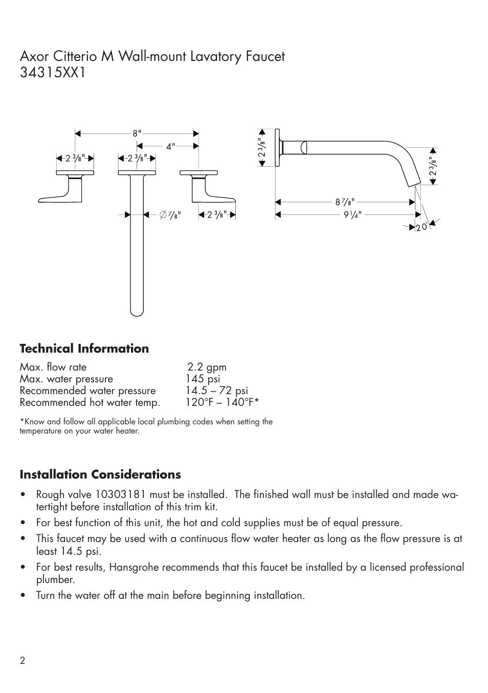 Factory Direct Hardware Hansgrohe 34315 User Manual | Page 2 / 12