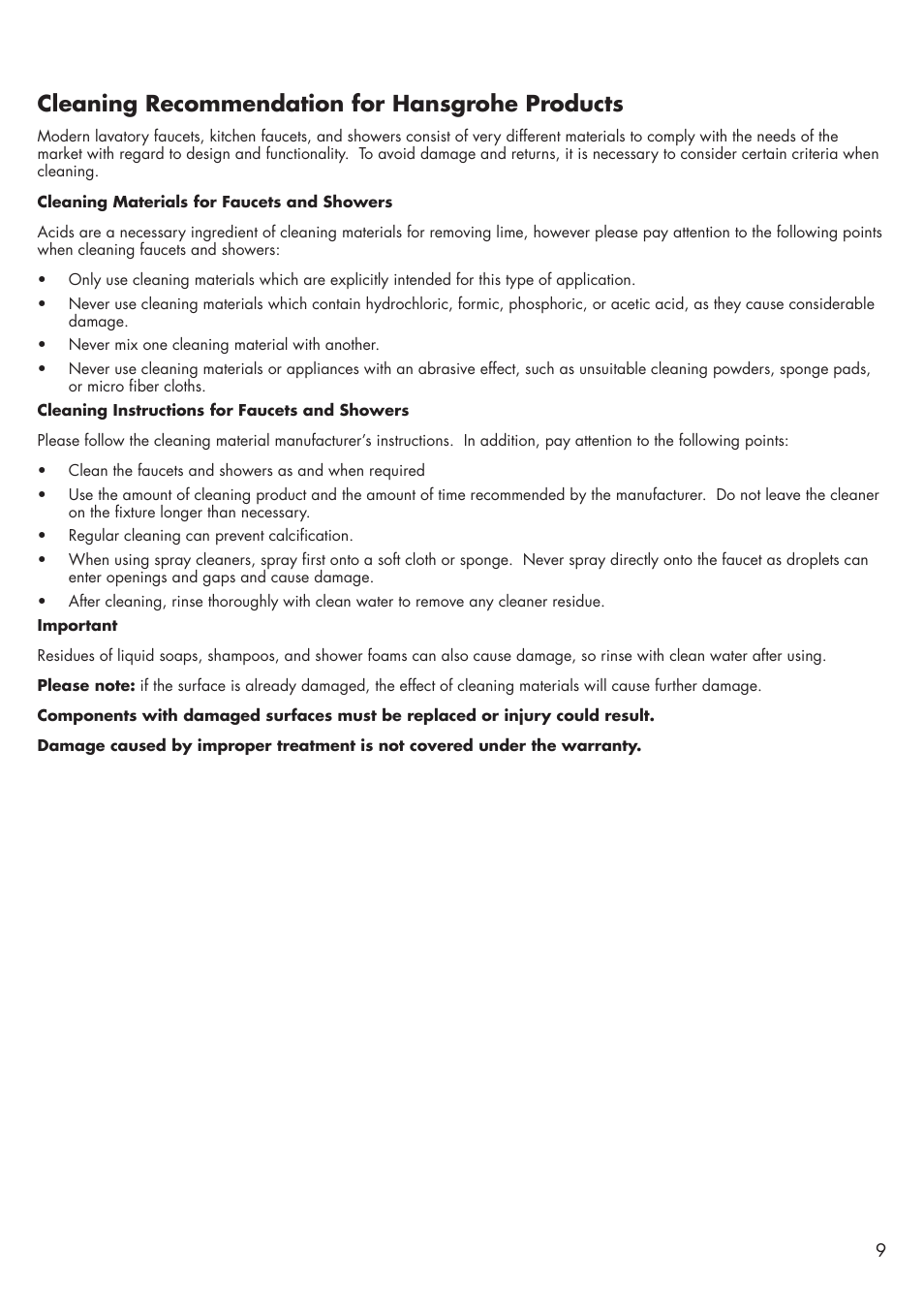 Cleaning recommendation for hansgrohe products | Factory Direct Hardware Hansgrohe 34315 User Manual | Page 9 / 12
