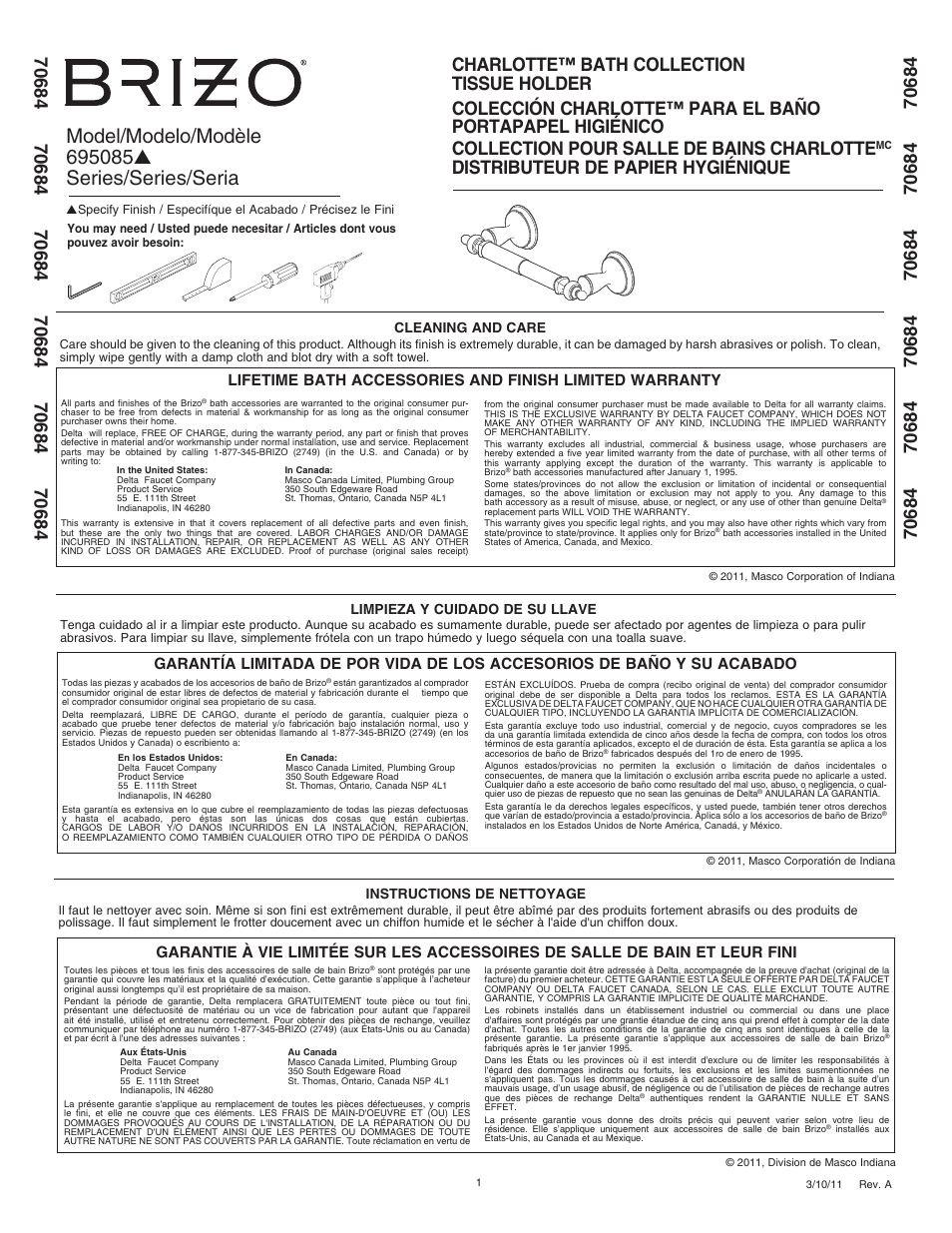 Factory Direct Hardware Brizo 695085 Charlotte User Manual | 2 pages