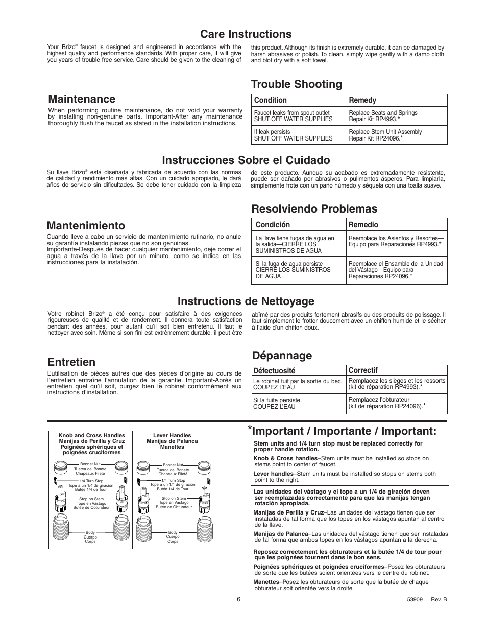 Care instructions, Important / importante / important, Maintenance | Trouble shooting, Resolviendo problemas, Dépannage mantenimiento, Entretien | Factory Direct Hardware Brizo 6526-LHP User Manual | Page 6 / 6