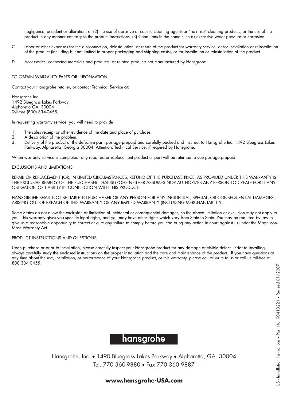 Factory Direct Hardware Hansgrohe 18473001 Axor Massaud User Manual | Page 4 / 4