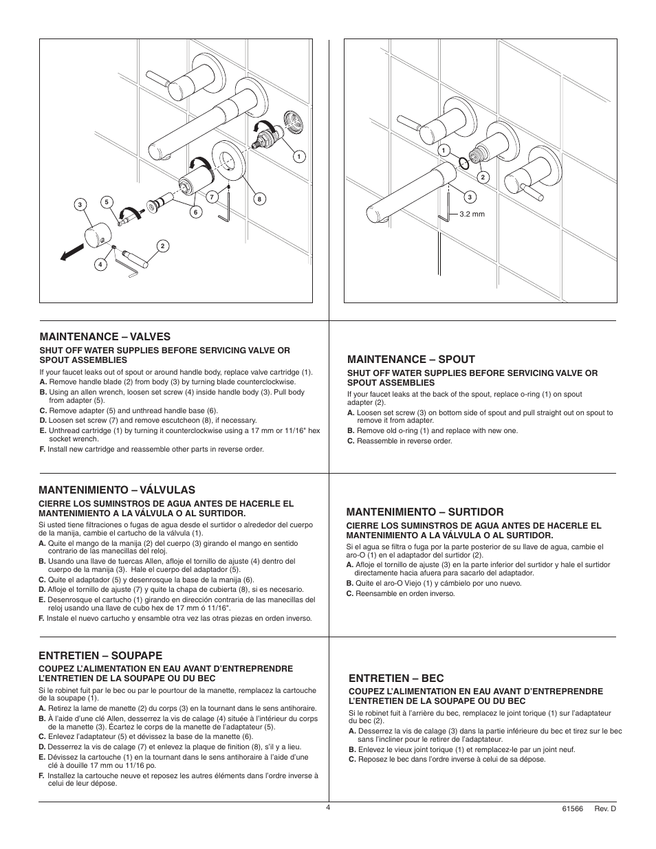 Maintenance – valves, Maintenance – spout, Mantenimiento – válvulas | Mantenimiento – surtidor, Entretien – soupape, Entretien – bec | Factory Direct Hardware Brizo 65814LF User Manual | Page 4 / 8