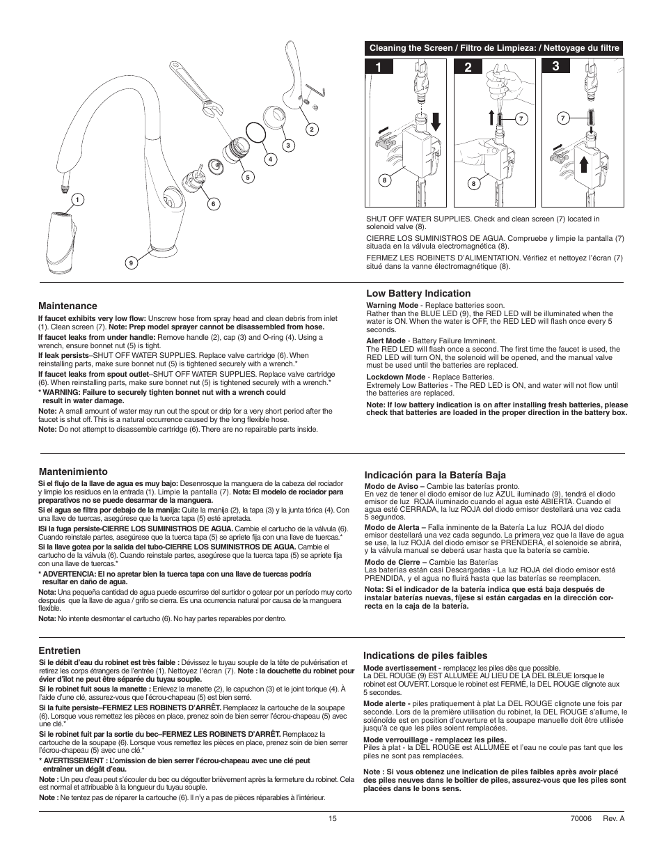 Low battery indication, Maintenance, Mantenimiento | Entretien indications de piles faibles, Indicación para la batería baja | Factory Direct Hardware Brizo 64355LF Vuelo User Manual | Page 15 / 16