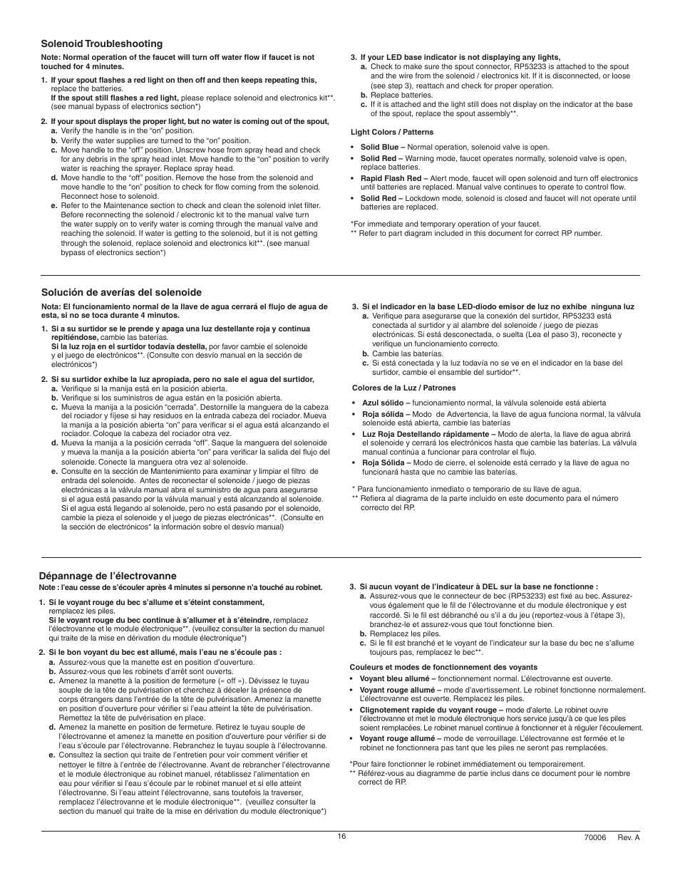Solenoid troubleshooting, Solución de averías del solenoide, Dépannage de l’électrovanne | Factory Direct Hardware Brizo 64355LF Vuelo User Manual | Page 16 / 16