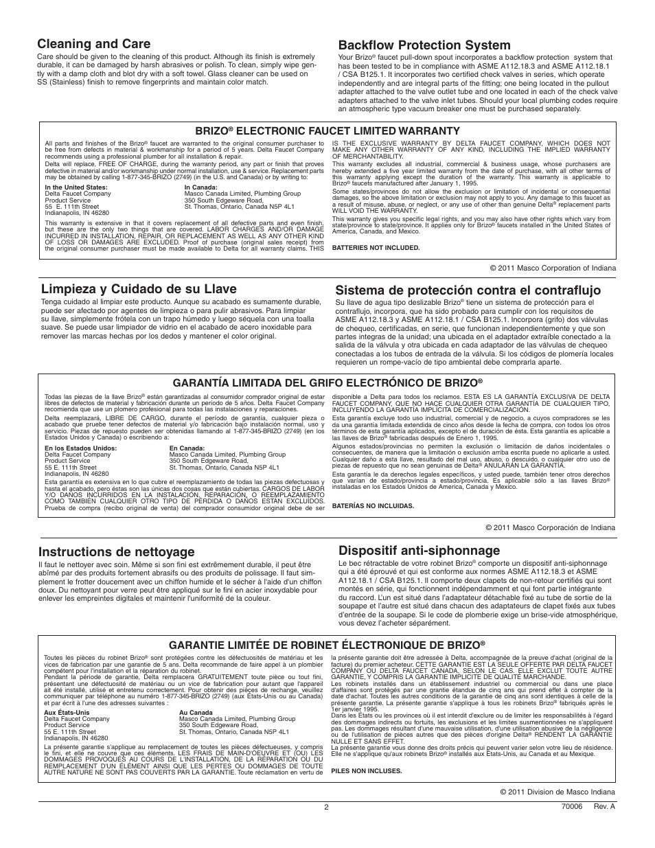 Cleaning and care, Instructions de nettoyage, Limpieza y cuidado de su llave | Backflow protection system, Sistema de protección contra el contraflujo, Dispositif anti-siphonnage, Brizo, Electronic faucet limited warranty, Garantie limitée de robinet électronique de brizo, Garantía limitada del grifo electrónico de brizo | Factory Direct Hardware Brizo 64355LF Vuelo User Manual | Page 2 / 16