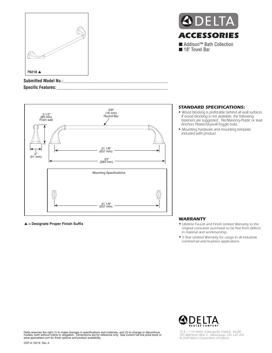Factory Direct Hardware Delta 79218 Addison User Manual | 1 page