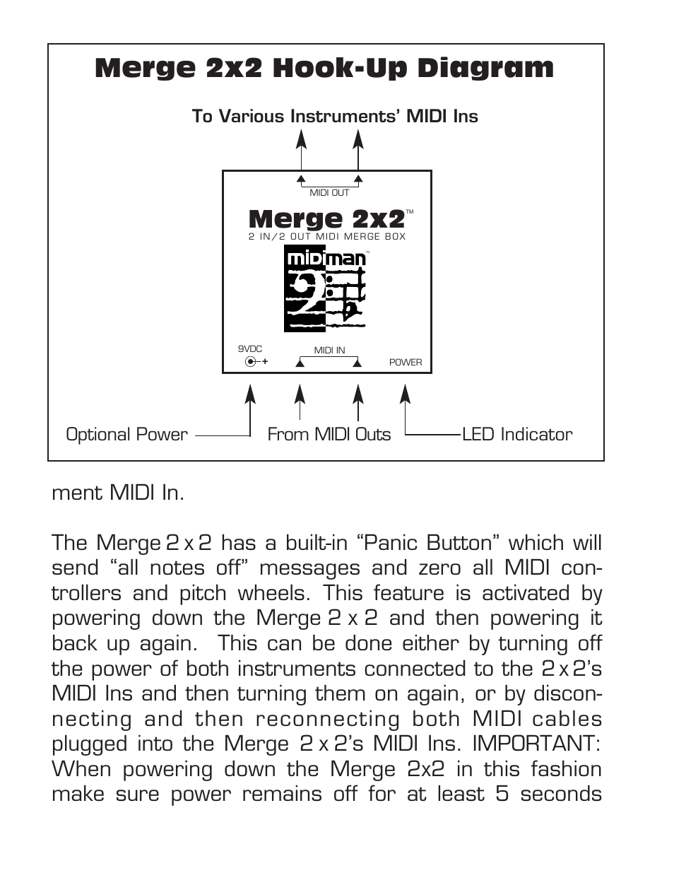 Merge 2x2 hook-up diagram, Merge 2x2, Optional power from midi outs led indicator | M-AUDIO Merge 2x2 User Manual | Page 3 / 4