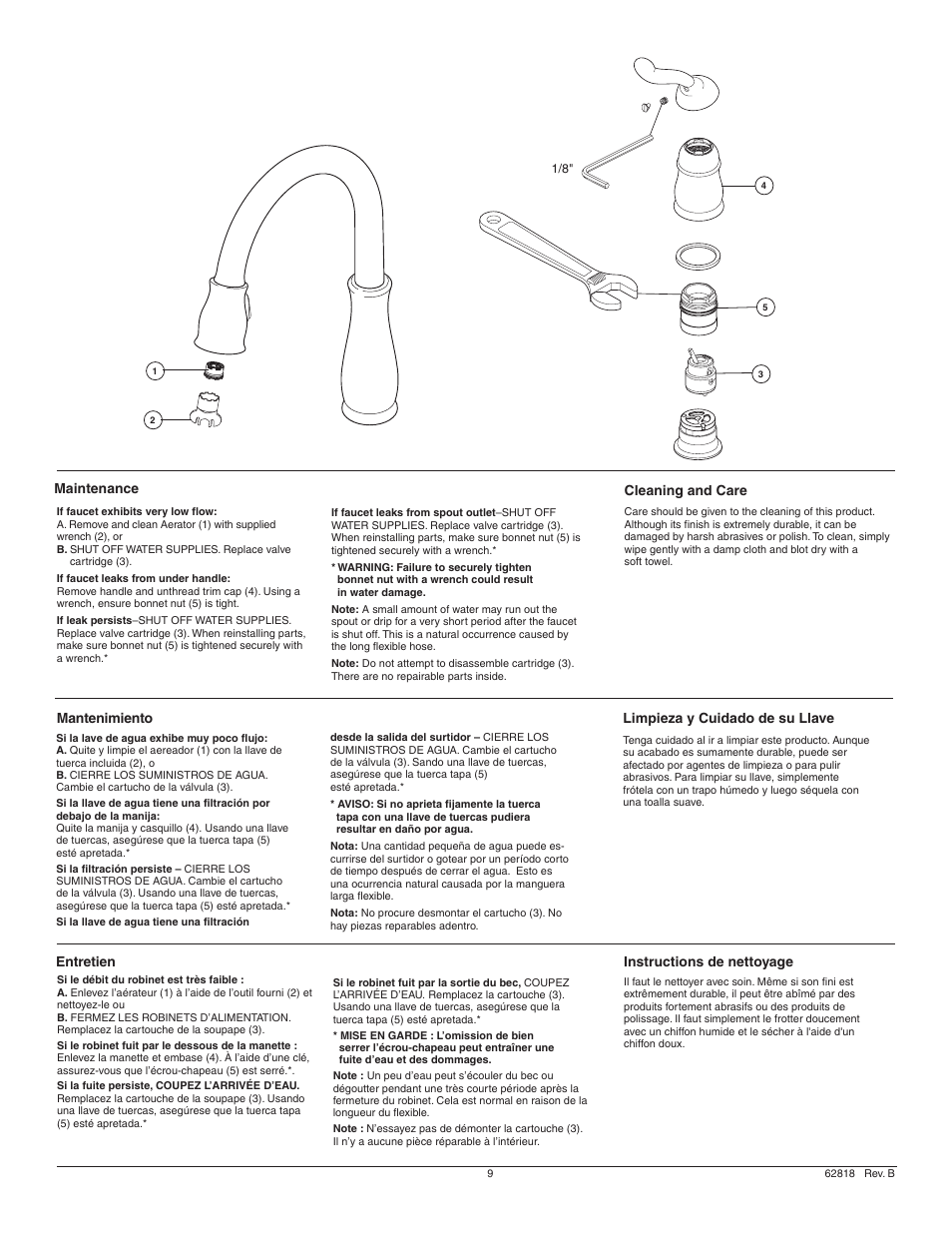 Maintenance, Mantenimiento entretien cleaning and care, Instructions de nettoyage | Limpieza y cuidado de su llave | Factory Direct Hardware Delta 9955-DST Victorian User Manual | Page 9 / 12