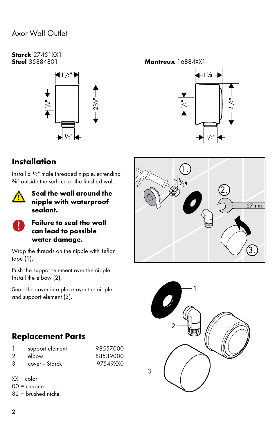 Axor wall outlet, Replacement parts, Installation | Factory Direct Hardware Hansgrohe 27451 Axor Starck User Manual | Page 2 / 4