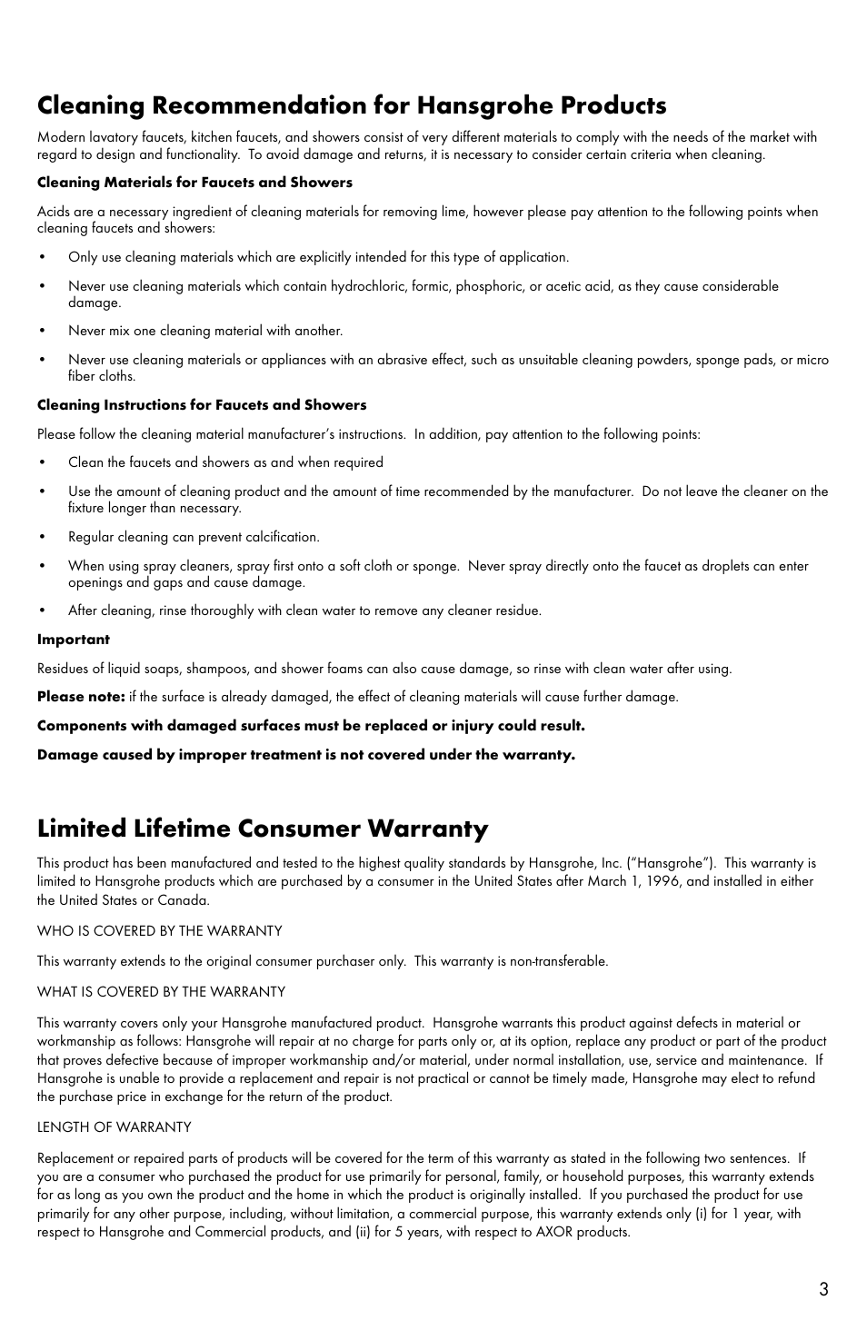 Limited lifetime consumer warranty, Cleaning recommendation for hansgrohe products | Factory Direct Hardware Hansgrohe 27451 Axor Starck User Manual | Page 3 / 4