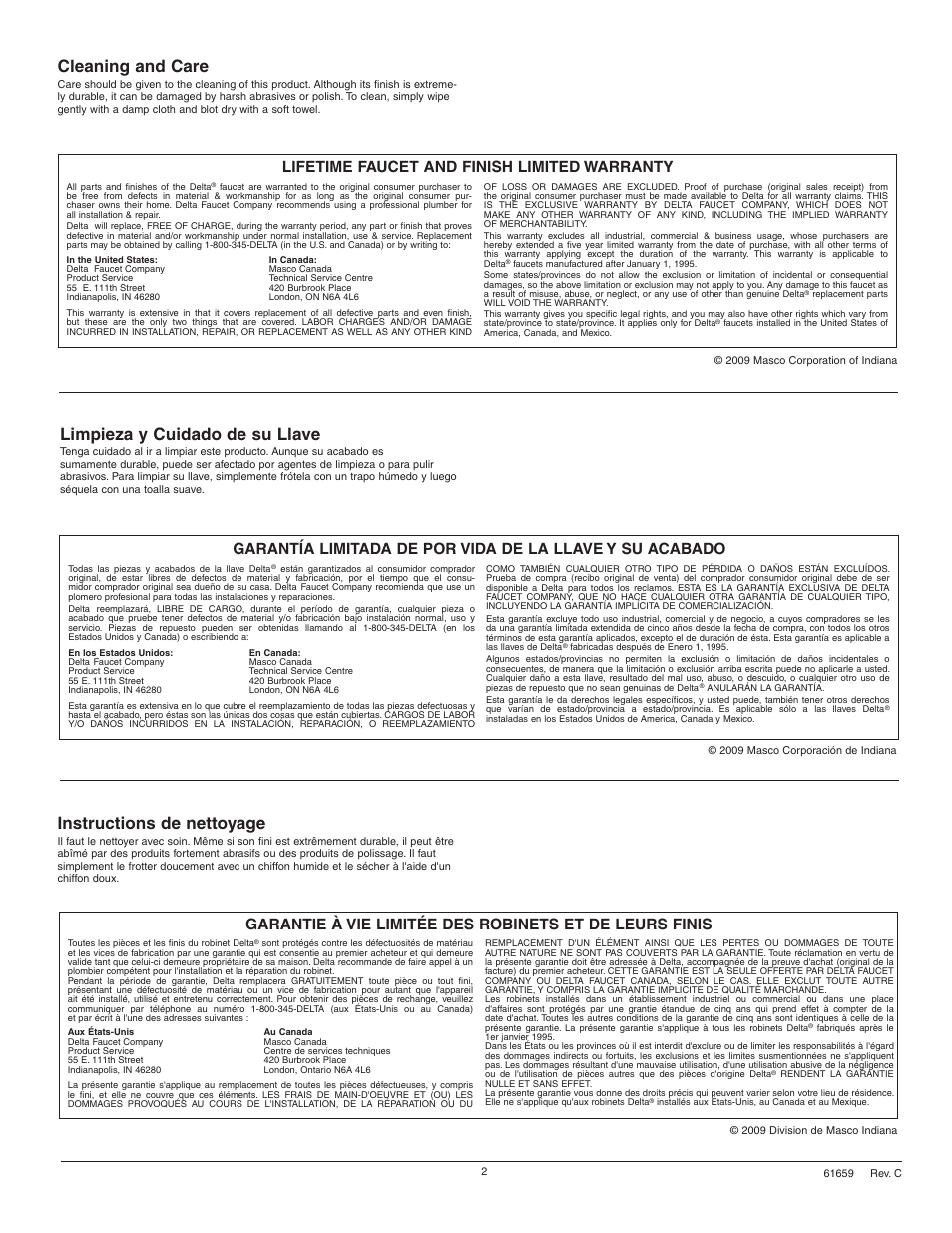 Cleaning and care, Instructions de nettoyage, Limpieza y cuidado de su llave | Lifetime faucet and finish limited warranty | Factory Direct Hardware Delta 3592LF-WL User Manual | Page 2 / 8