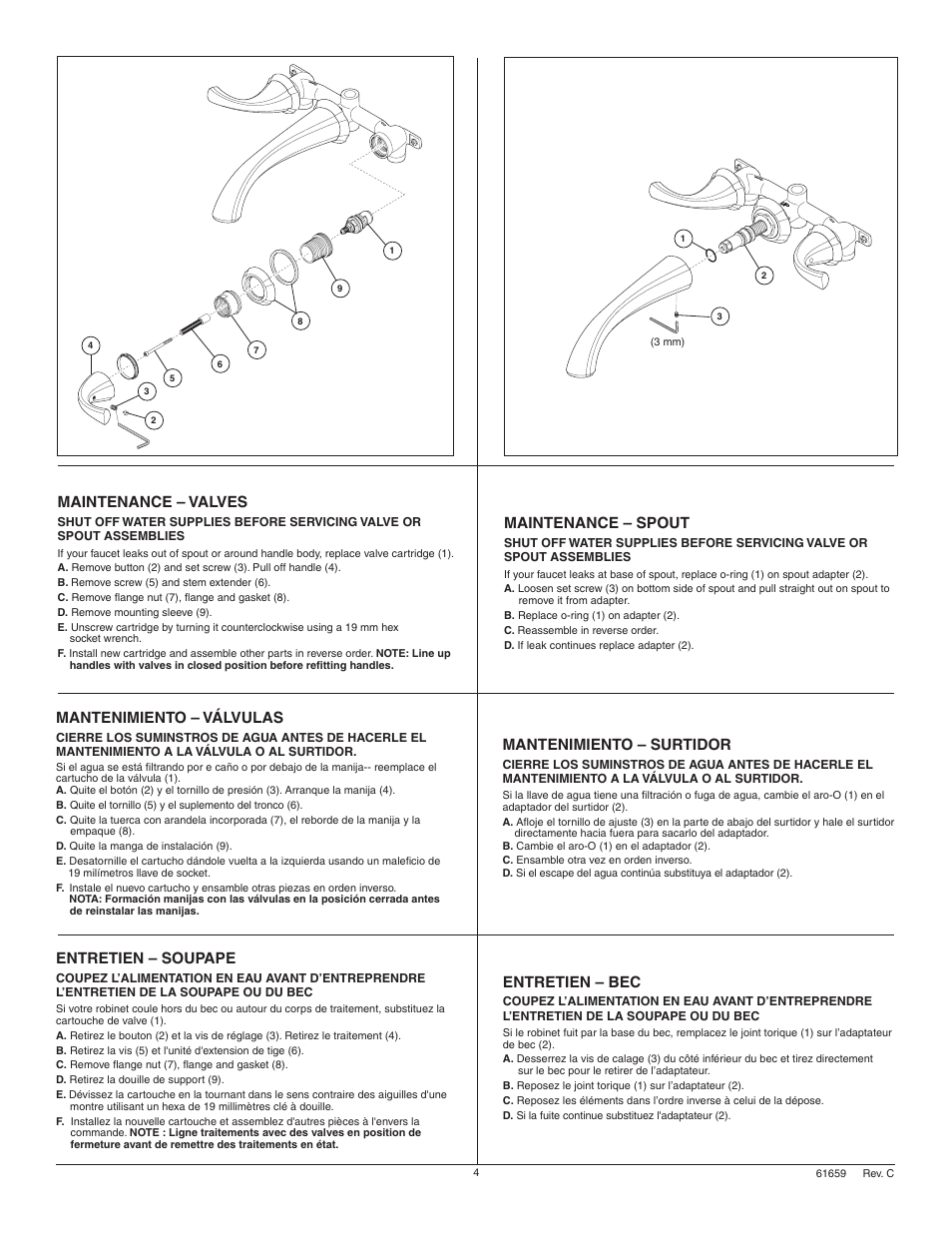 Maintenance – valves, Maintenance – spout, Mantenimiento – válvulas | Mantenimiento – surtidor, Entretien – soupape, Entretien – bec | Factory Direct Hardware Delta 3592LF-WL User Manual | Page 4 / 8