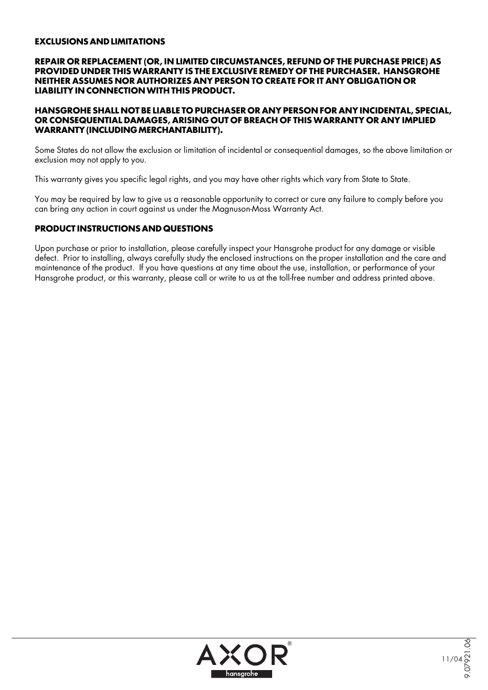 Hansgrohe product service | Factory Direct Hardware Hansgrohe 10010 User Manual | Page 4 / 4