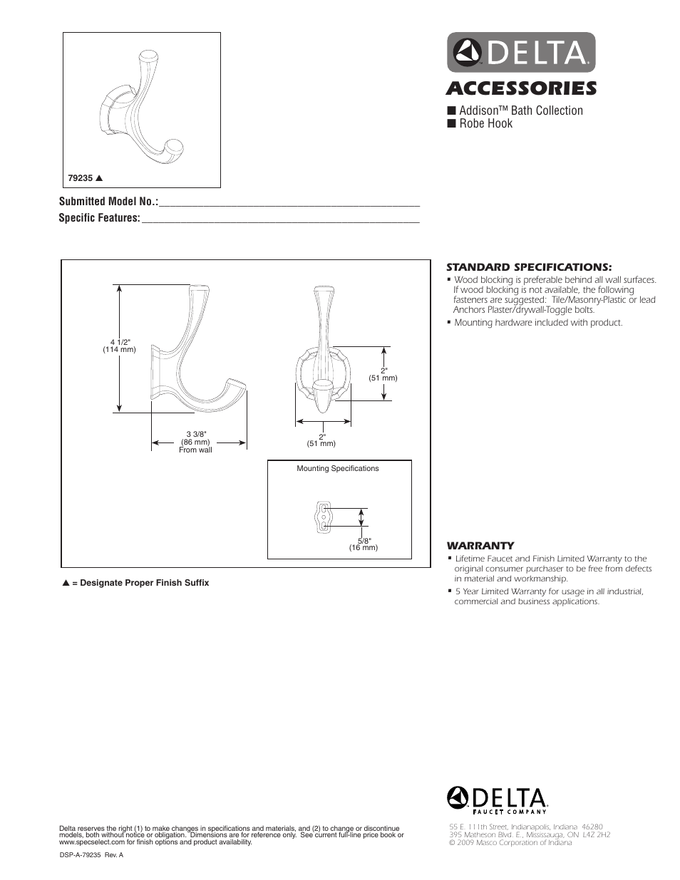 Factory Direct Hardware Delta 79235 Addison User Manual | 1 page