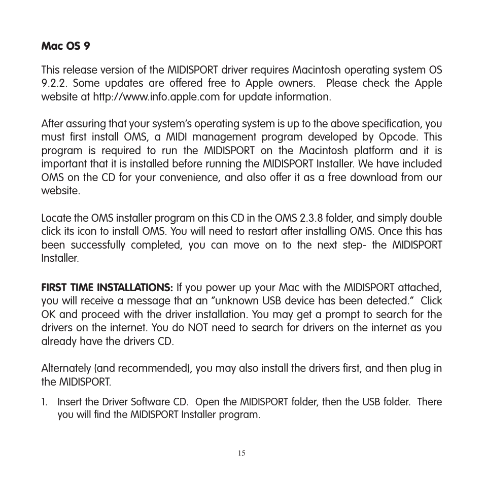 First time oms configuration, First time oms configuration instructions | M-AUDIO MIDISPORT 2x4 User Manual | Page 16 / 26