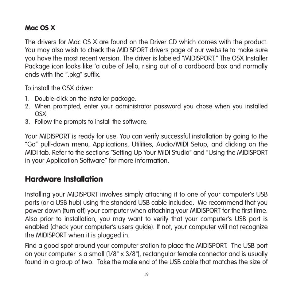 Setting up your midistudio, Setting up your midi studio, Hardware installation | M-AUDIO MIDISPORT 2x4 User Manual | Page 20 / 26