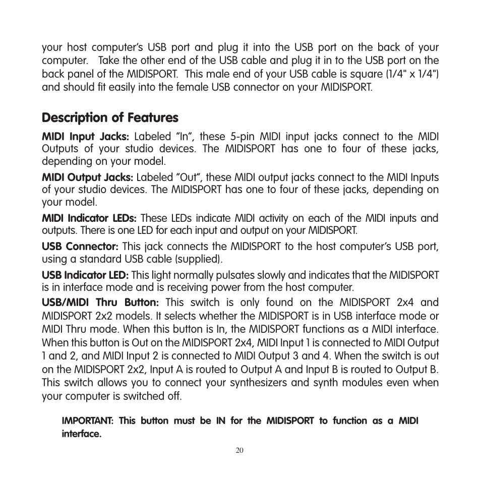 Passive (midi thru) mode, Description of features | M-AUDIO MIDISPORT 2x4 User Manual | Page 21 / 26