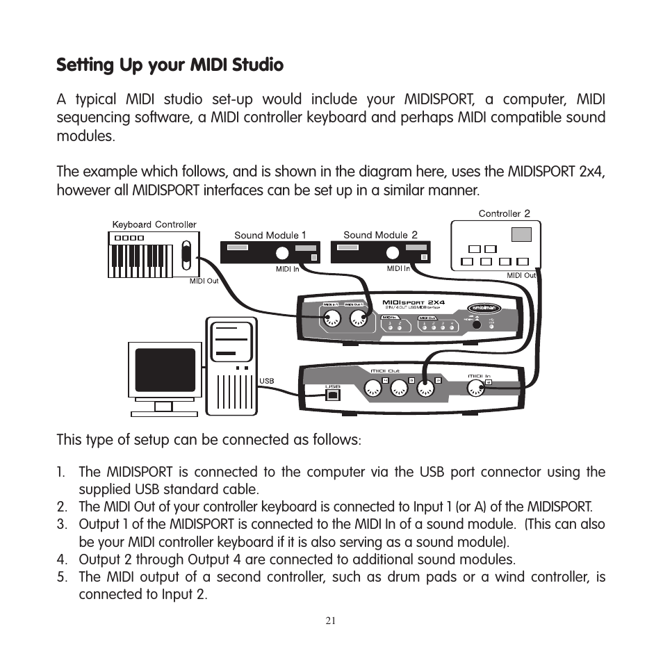 Using the midisport in your, Using the midisport in your application software, Setting up your midi studio | M-AUDIO MIDISPORT 2x4 User Manual | Page 22 / 26