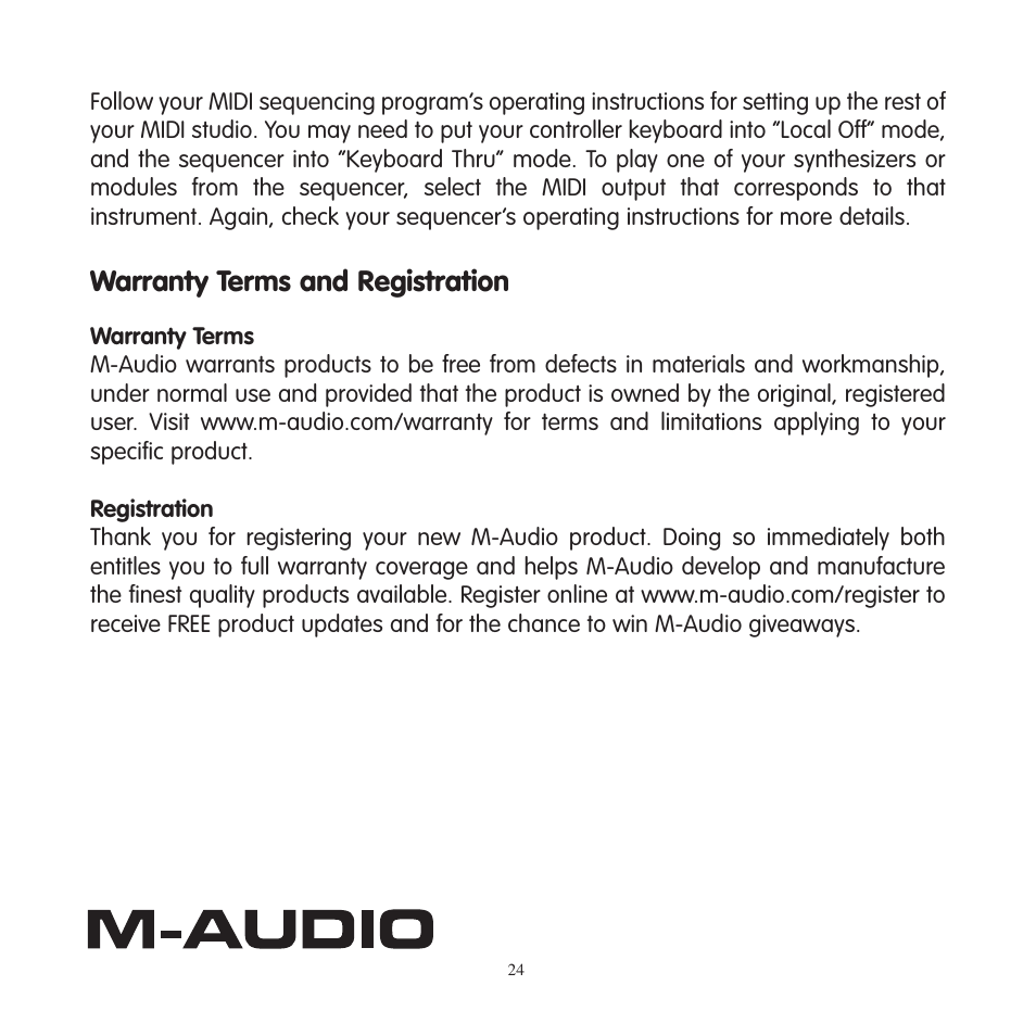 Warranty terms and registration | M-AUDIO MIDISPORT 2x4 User Manual | Page 25 / 26