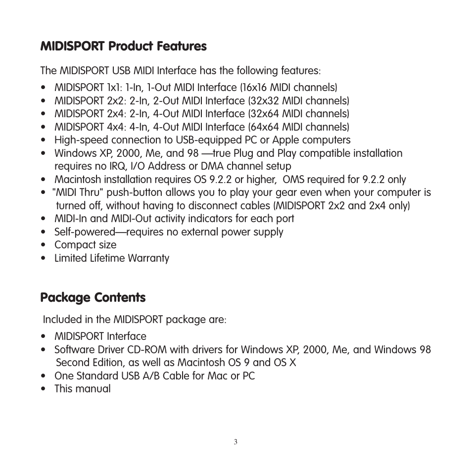 Midisport product features, Package contents | M-AUDIO MIDISPORT 2x4 User Manual | Page 4 / 26