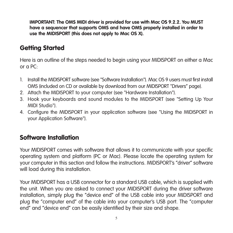 Getting started, Software installation | M-AUDIO MIDISPORT 2x4 User Manual | Page 6 / 26