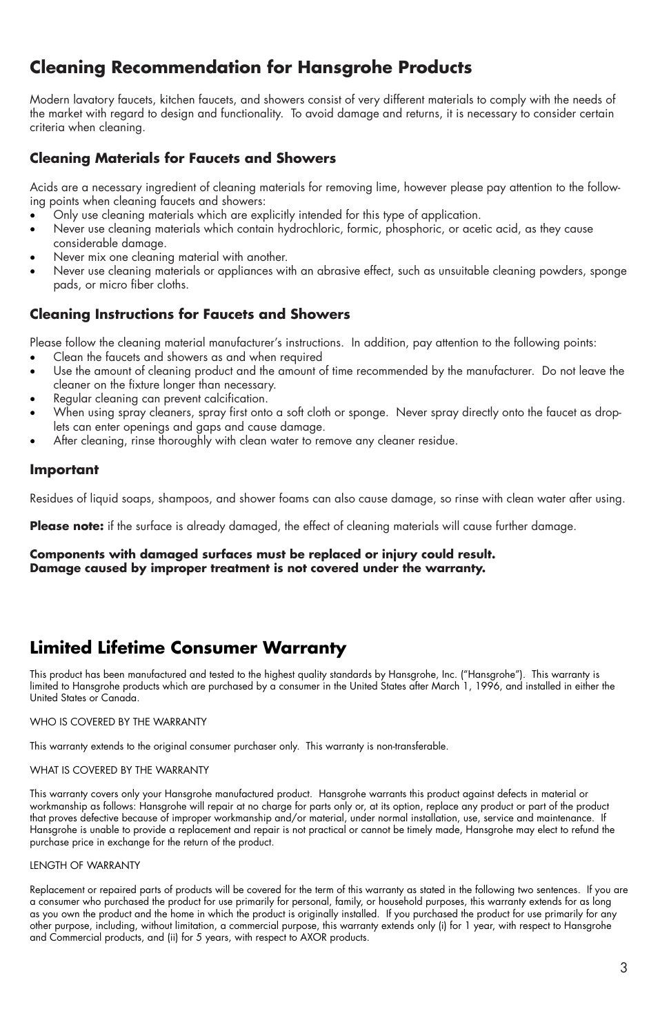 Limited lifetime consumer warranty, Cleaning recommendation for hansgrohe products | Factory Direct Hardware Hansgrohe 27458 ShowerPower User Manual | Page 3 / 4