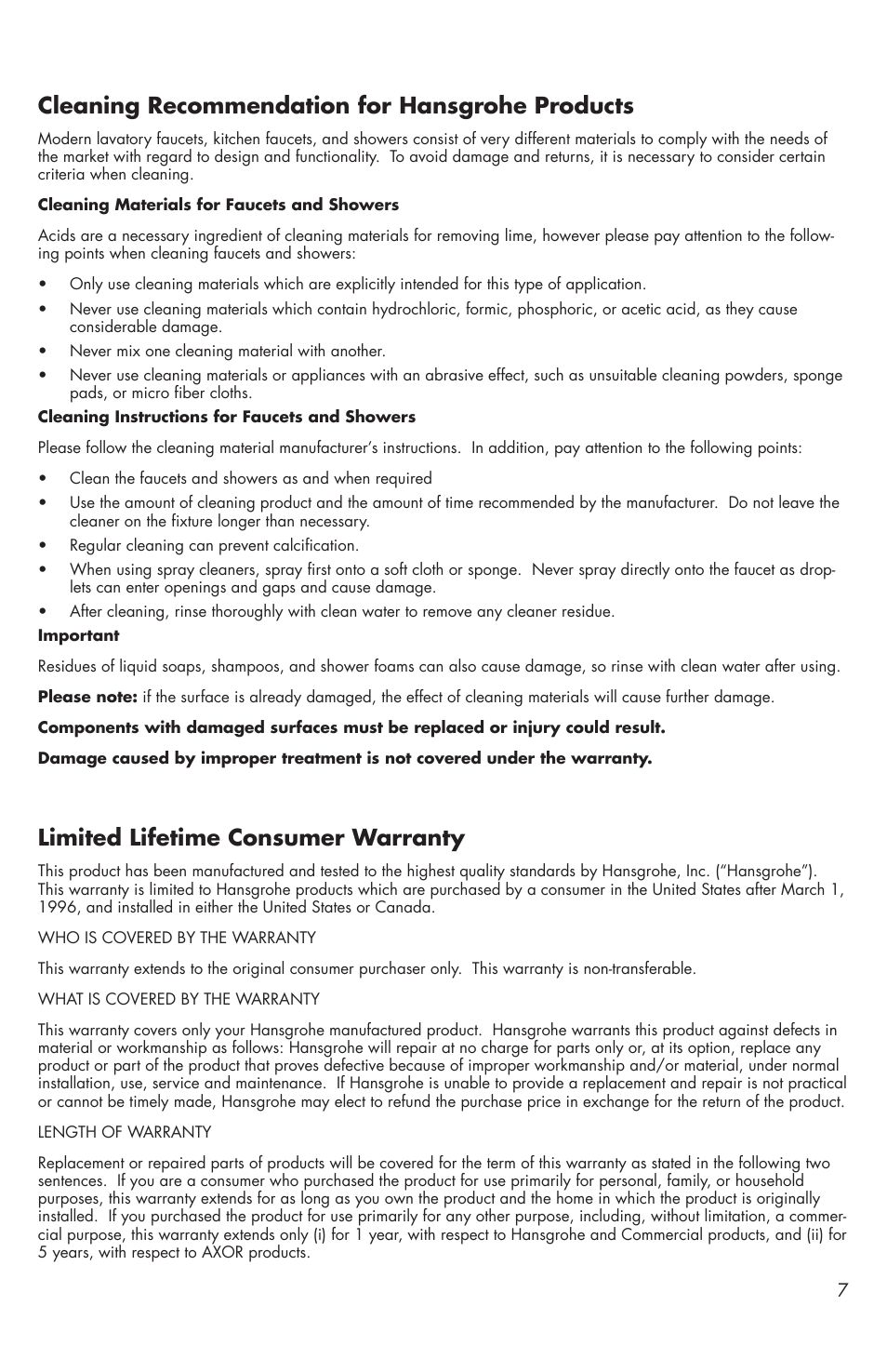 Limited lifetime consumer warranty, Cleaning recommendation for hansgrohe products | Factory Direct Hardware Hansgrohe 38020 User Manual | Page 7 / 8
