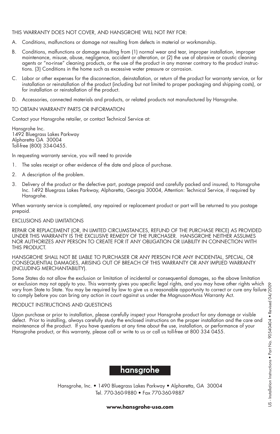 Factory Direct Hardware Hansgrohe 38020 User Manual | Page 8 / 8