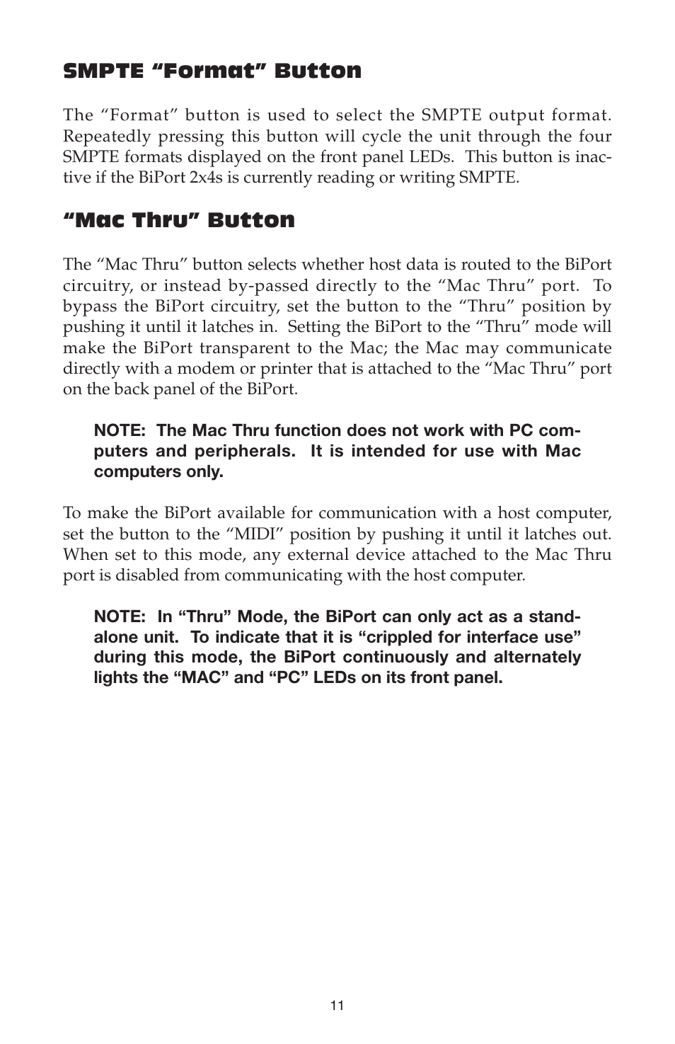 Smpte “format” button, Mac thru” button | M-AUDIO Biport 2x4s User Manual | Page 11 / 48