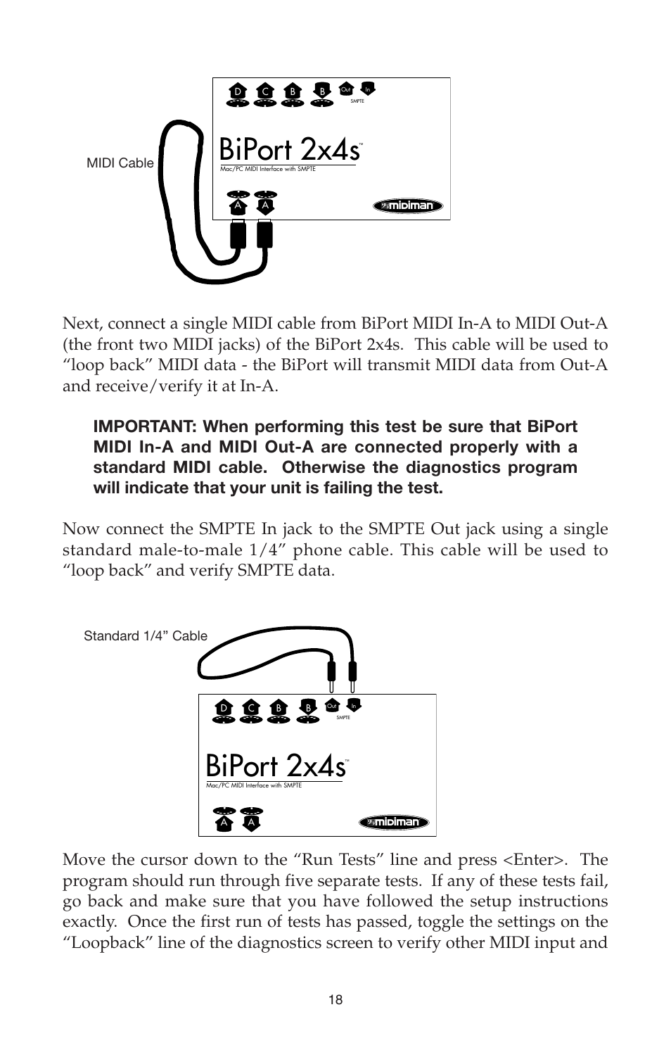 Biport 2x4s, Midi cable, Standard 1/4” cable 18 | M-AUDIO Biport 2x4s User Manual | Page 18 / 48