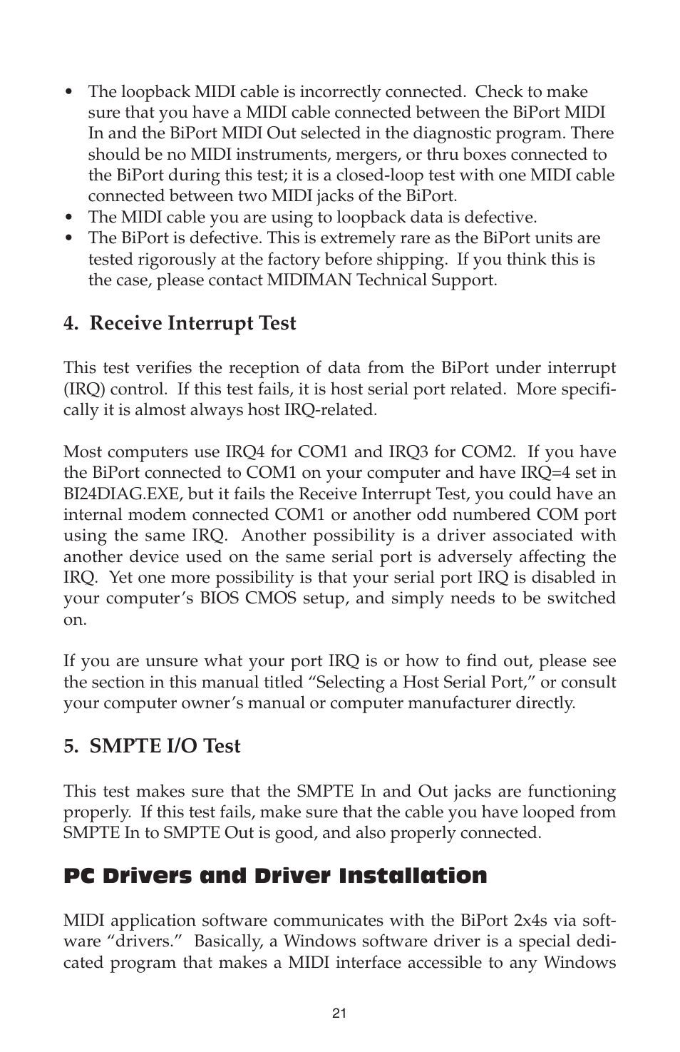 Receive interrupt test, Smpte i/o test, Pc drivers and driver installation | M-AUDIO Biport 2x4s User Manual | Page 21 / 48