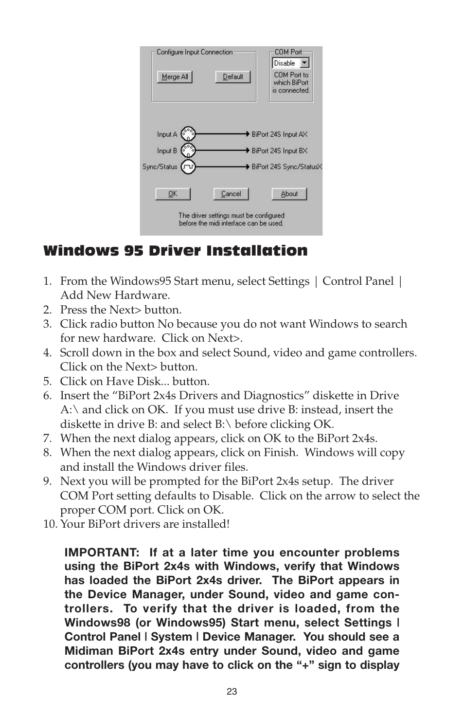 Windows 95 driver installation | M-AUDIO Biport 2x4s User Manual | Page 23 / 48