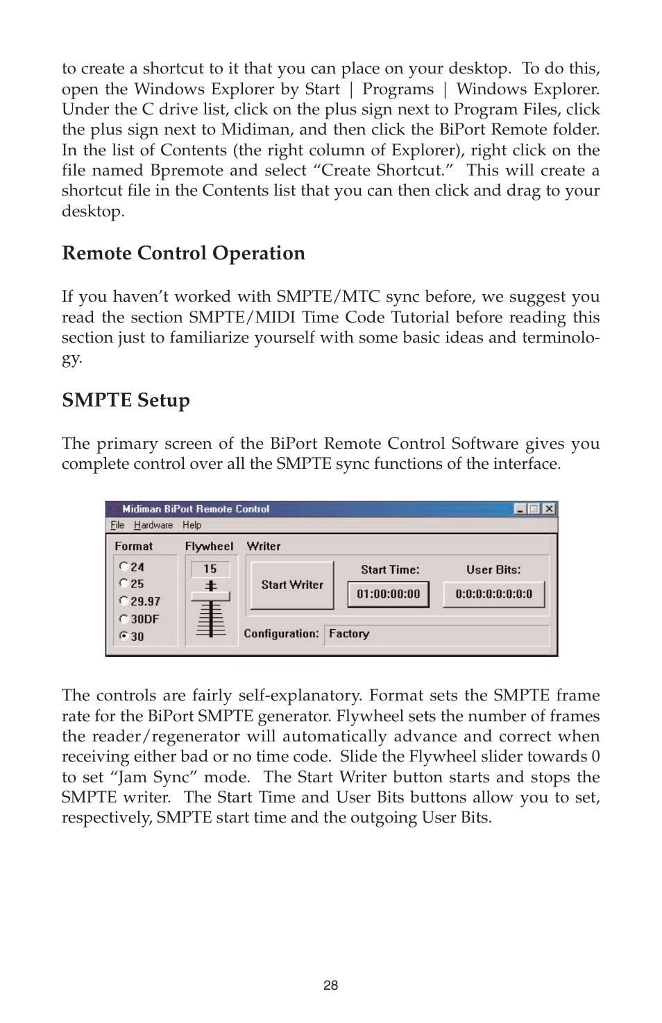Remote control operation, Smpte setup | M-AUDIO Biport 2x4s User Manual | Page 28 / 48