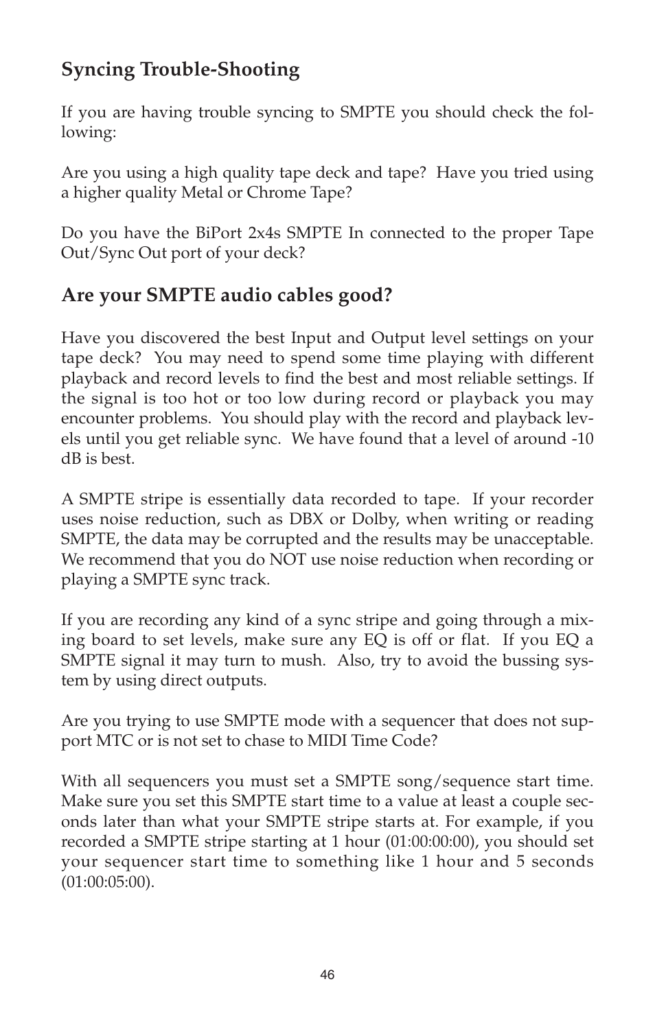 Syncing trouble-shooting, Are your smpte audio cables good | M-AUDIO Biport 2x4s User Manual | Page 46 / 48