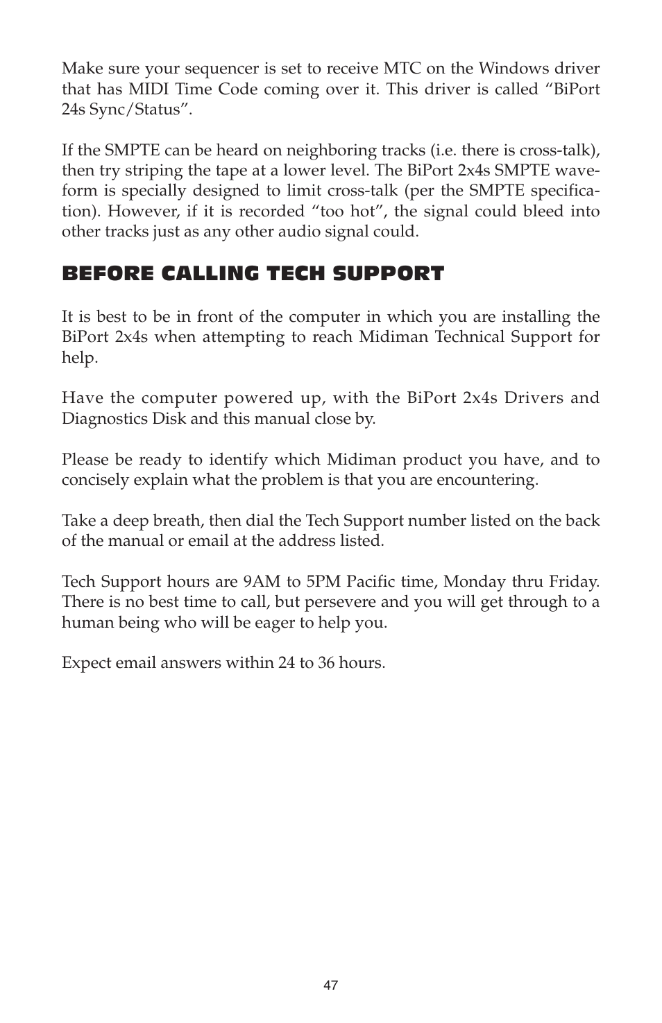 Before calling tech support | M-AUDIO Biport 2x4s User Manual | Page 47 / 48