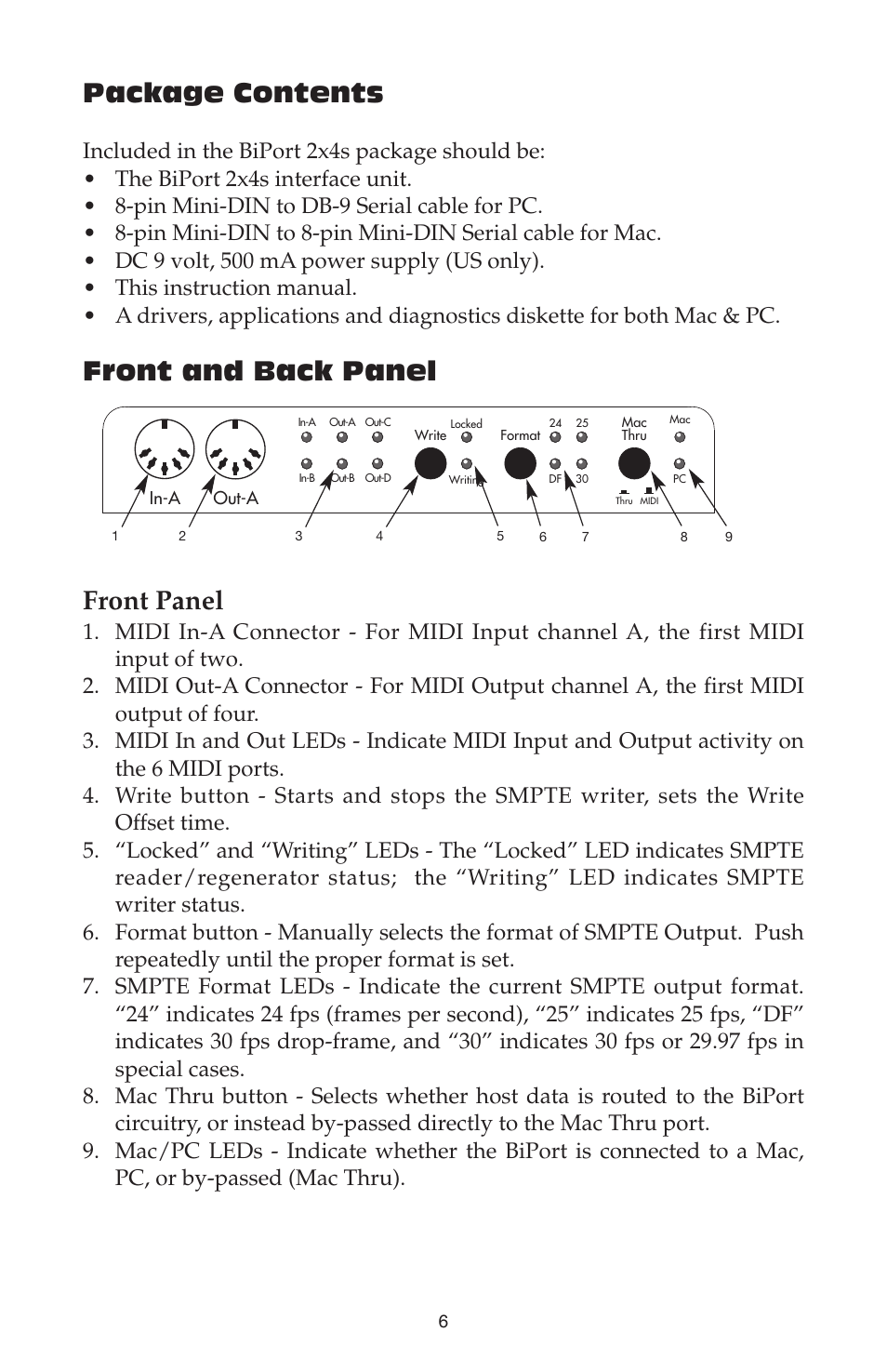 Package contents, Front and back panel front panel | M-AUDIO Biport 2x4s User Manual | Page 6 / 48