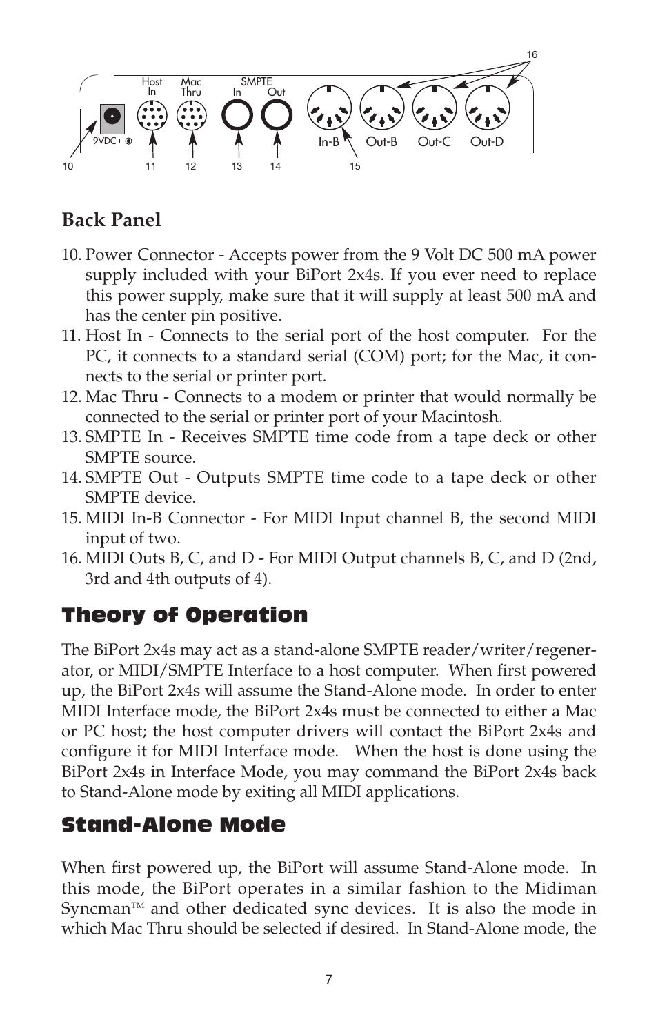 Back panel, Theory of operation, Stand-alone mode | M-AUDIO Biport 2x4s User Manual | Page 7 / 48