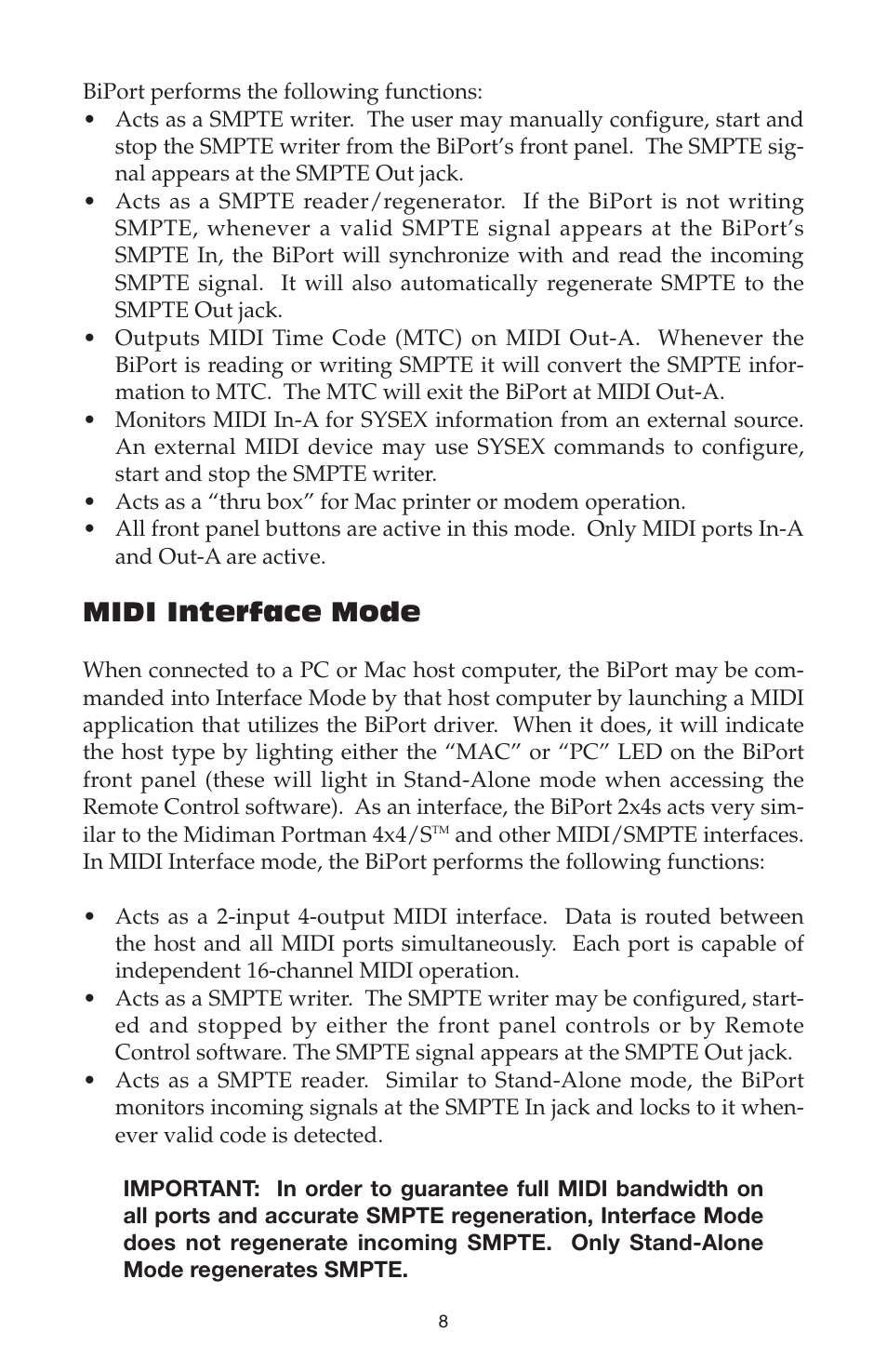 Midi interface mode | M-AUDIO Biport 2x4s User Manual | Page 8 / 48