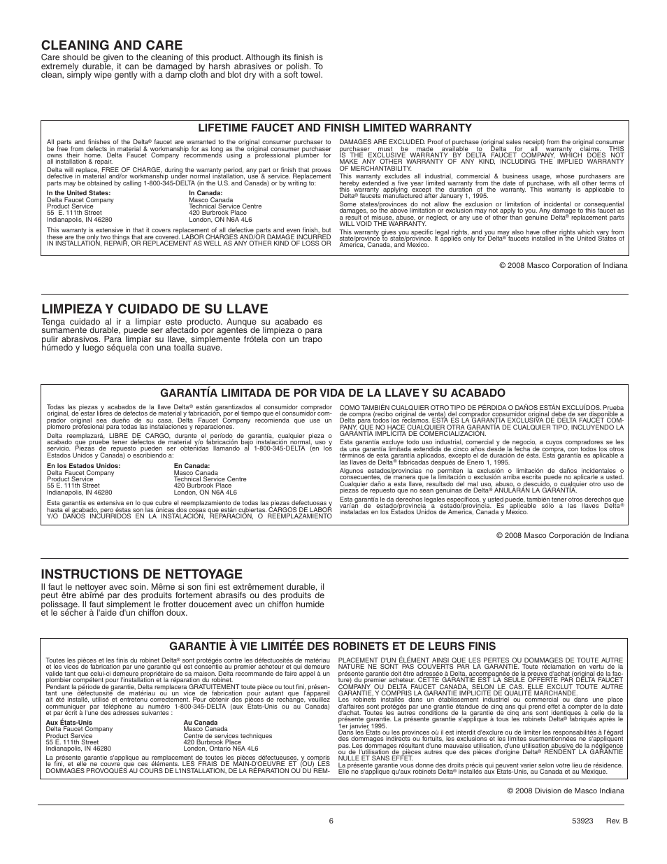 Cleaning and care, Instructions de nettoyage, Limpieza y cuidado de su llave | Lifetime faucet and finish limited warranty | Factory Direct Hardware Delta 255LF-216 User Manual | Page 6 / 6