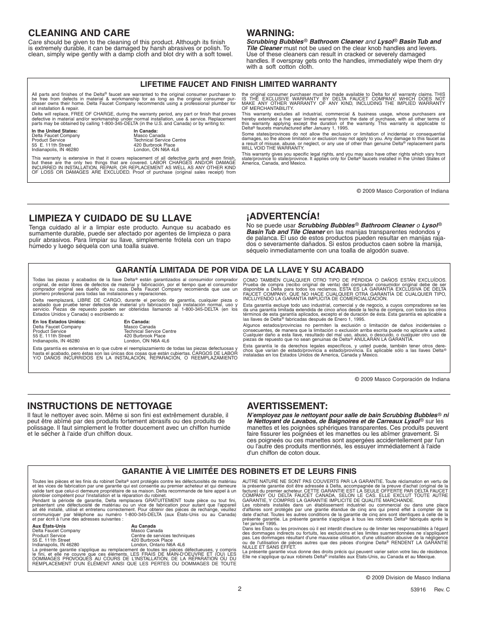 Cleaning and care, Warning, Instructions de nettoyage | Avertissement, Limpieza y cuidado de su llave, Advertencía, Lifetime faucet and finish limited warranty | Factory Direct Hardware Delta 3544-WFMPU User Manual | Page 2 / 8