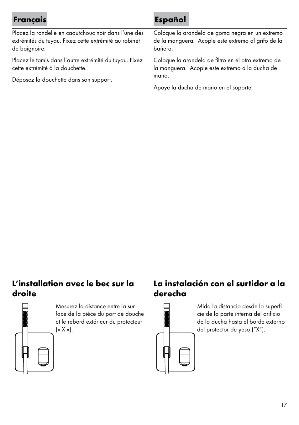 Français español, L’installation avec le bec sur la droite, La instalación con el surtidor a la derecha | Factory Direct Hardware Hansgrohe 11435 Axor Urquiola User Manual | Page 17 / 32