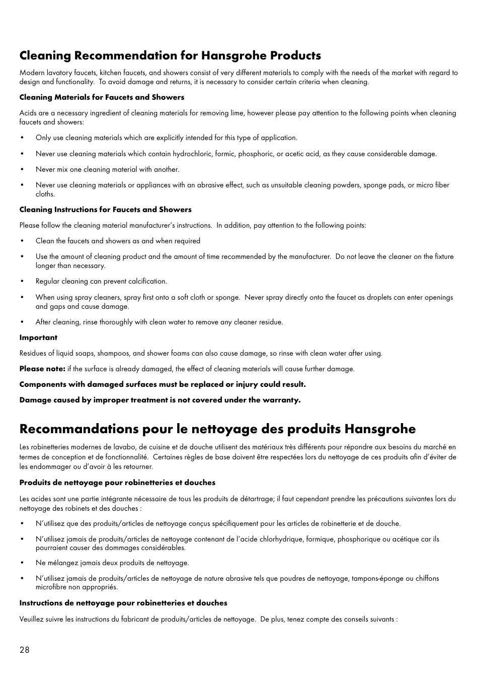 Cleaning recommendation for hansgrohe products | Factory Direct Hardware Hansgrohe 11435 Axor Urquiola User Manual | Page 28 / 32