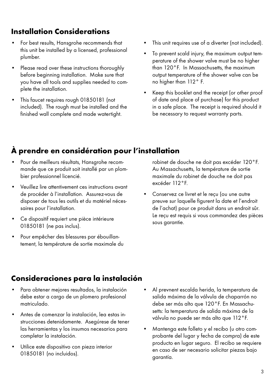 Installation considerations, À prendre en considération pour l’installation, Consideraciones para la instalación | Factory Direct Hardware Hansgrohe 11435 Axor Urquiola User Manual | Page 3 / 32