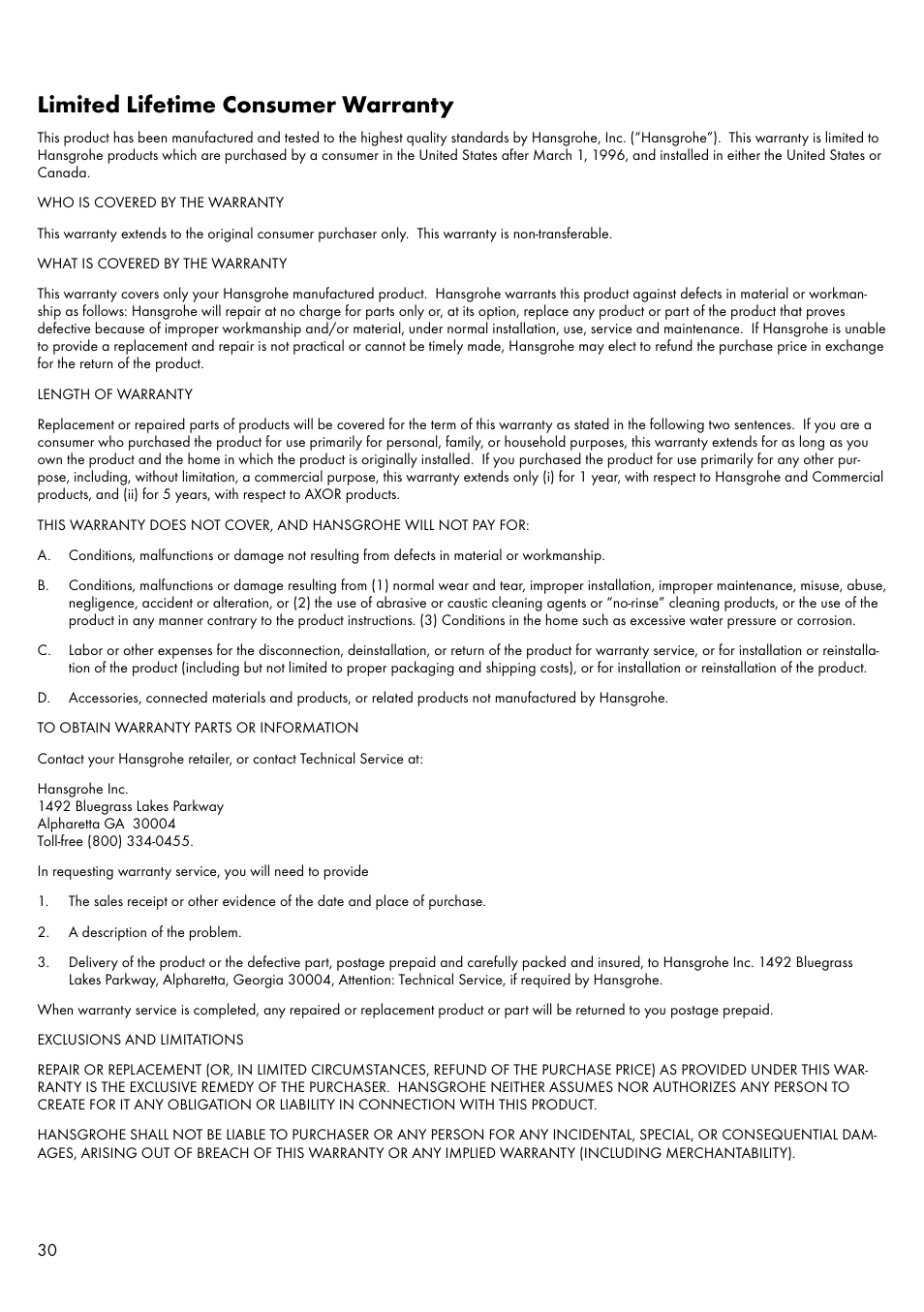 Limited lifetime consumer warranty | Factory Direct Hardware Hansgrohe 11435 Axor Urquiola User Manual | Page 30 / 32