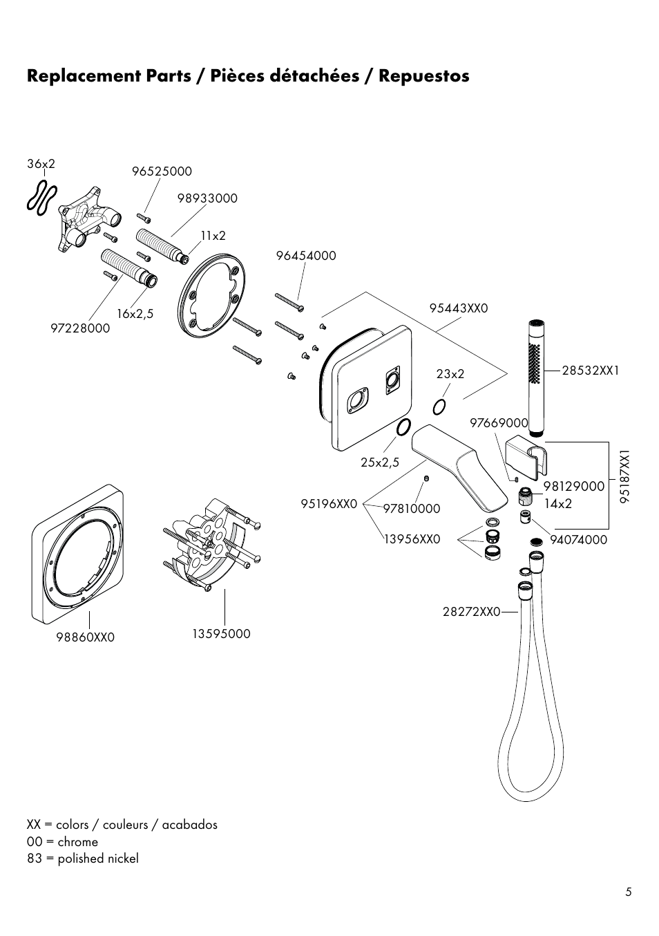 Replacement parts / pièces détachées / repuestos | Factory Direct Hardware Hansgrohe 11435 Axor Urquiola User Manual | Page 5 / 32