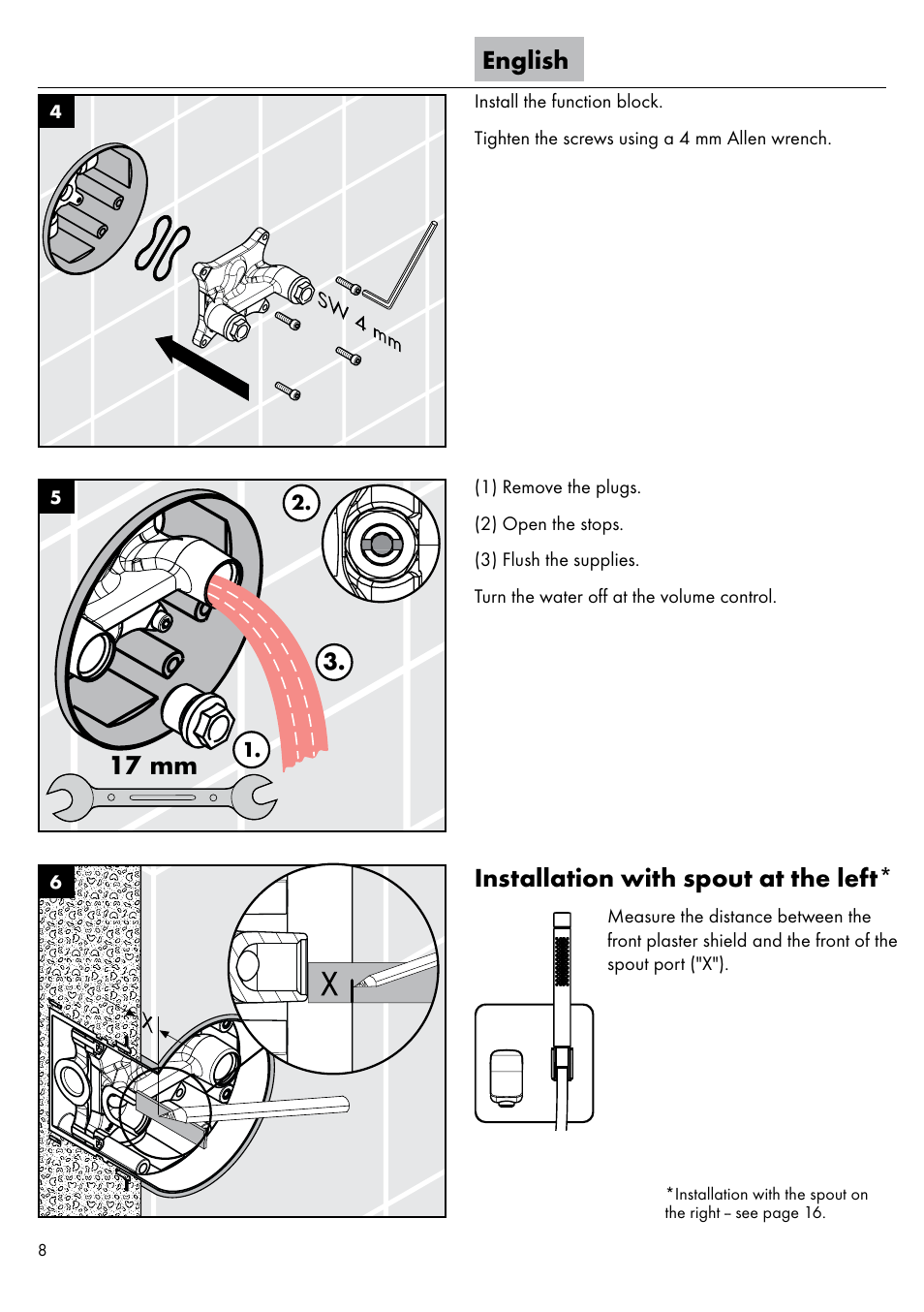 English, Installation with spout at the left | Factory Direct Hardware Hansgrohe 11435 Axor Urquiola User Manual | Page 8 / 32