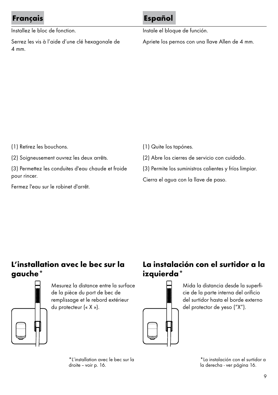 Français español, L’installation avec le bec sur la gauche, La instalación con el surtidor a la izquierda | Factory Direct Hardware Hansgrohe 11435 Axor Urquiola User Manual | Page 9 / 32