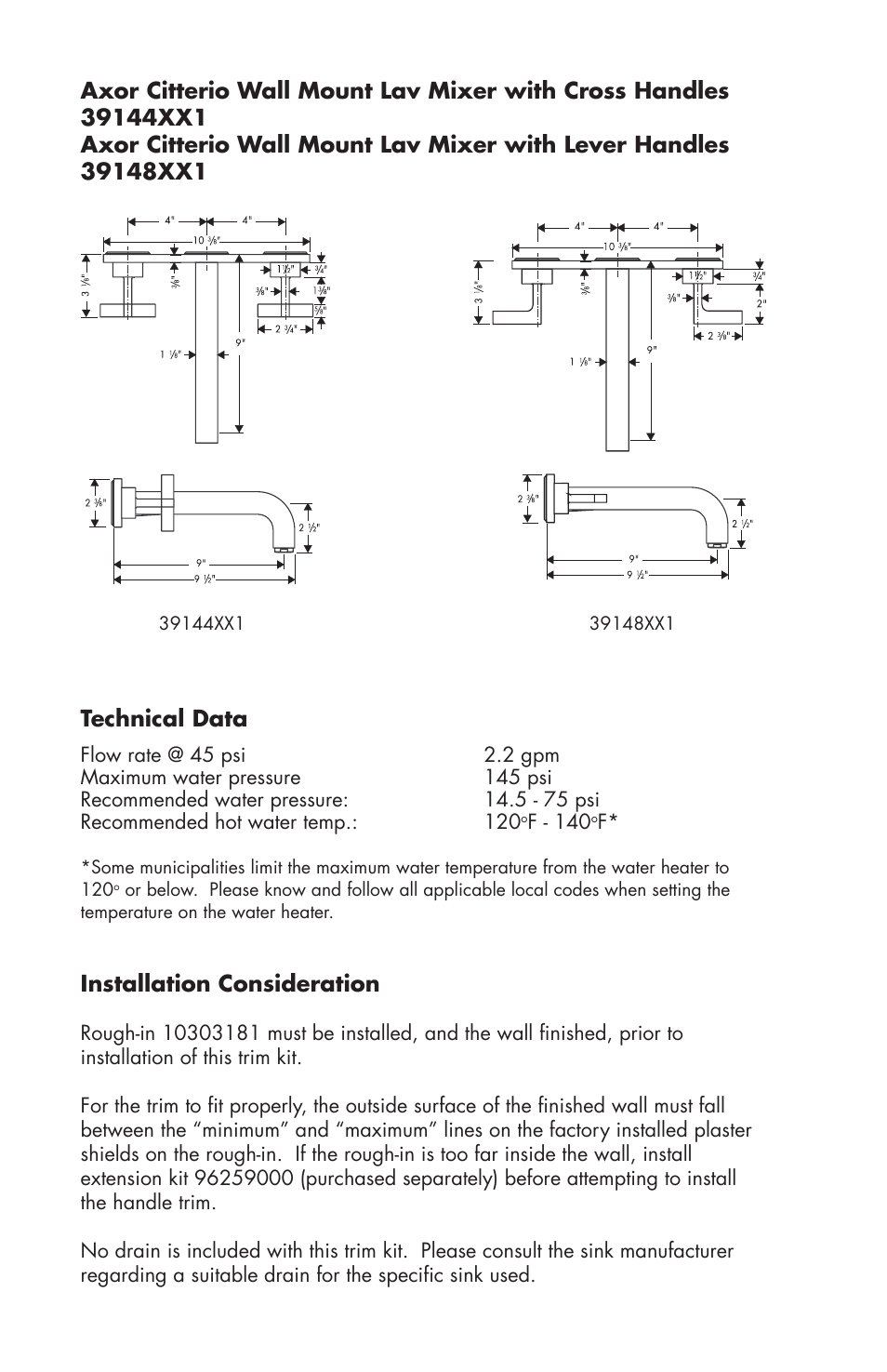 Technical data, Installation consideration | Factory Direct Hardware Hansgrohe 39144 User Manual | Page 2 / 8