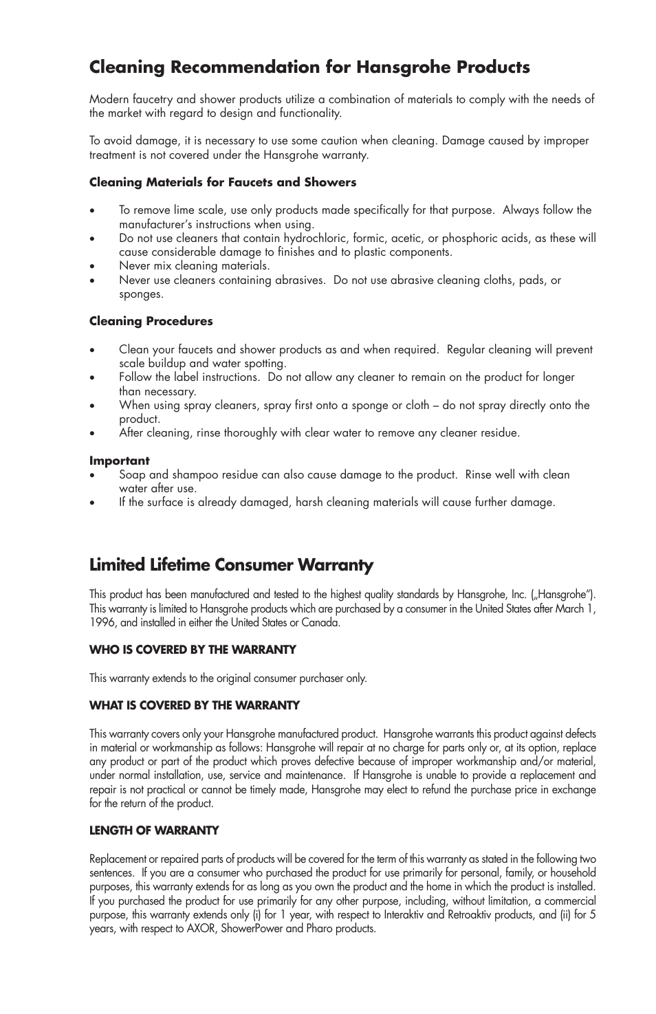 Cleaning recommendation for hansgrohe products, Limited lifetime consumer warranty | Factory Direct Hardware Hansgrohe 39144 User Manual | Page 7 / 8